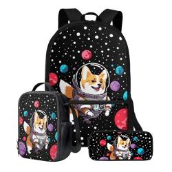 Poceacles Büchertasche für Jungen 10–12, Schulrucksack für Kinder, 3-teilig, Büchertasche mit Federmäppchen, 43,2 cm (17 Zoll), leichter Laptop-Rucksack, Space Corgi Dog, Einheitsgröße von Poceacles