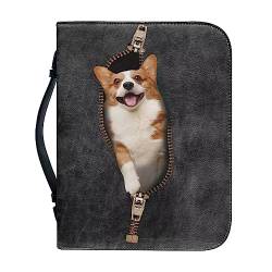 Poceacles Corgi Dog-Black Print Bibelhüllen für Damen und Herren, große Kapazität, Bibeltasche mit Griff, PU-Leder, wasserabweisend, Büchertasche, Kirchentasche, Journaling-Schutz, Größe M von Poceacles