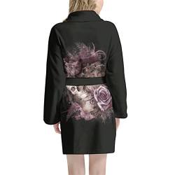 Poceacles Damen Bademäntel Langarm V-Ausschnitt mit Bindegürtel Schal Pyjama Kimono Nachthemd Einheitsgröße, Fashion Skull Flower Black, 38 von Poceacles