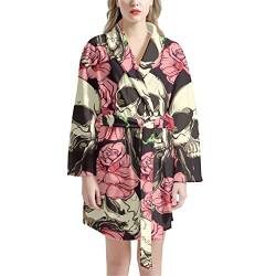 Poceacles Damen Bademäntel Langarm V-Ausschnitt mit Bindegürtel Schal Pyjama Kimono Nachthemd Einheitsgröße, Totenkopf und Blume, mehrfarbig, 38 von Poceacles