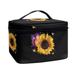 Poceacles Große Make-up-Tasche, tragbare Reise-Make-up-Tasche für Damen und Mädchen, Make-up-Pinseltasche, Make-up-Tasche, Organizer, Kosmetiktasche, Schmetterling Sonnenblume, Einheitsgröße von Poceacles