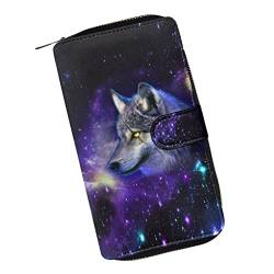 Poceacles Klappe lange Brieftasche PU Leder Kreditkartenetui ID Karten Organizer Brieftasche, Schnappverschluss Reißverschluss Geldbörse, Galaxy Space Wolf, Einheitsgröße, Modern von Poceacles