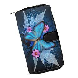 Poceacles Pocket Wallet Damen Mini Portemonnaie mit Ausweisfenster Damen Herren Geldbörse Blockieren PU Leder Kartenhalter Reißverschluss Münzbörse, Blaue Schmetterling-Blumen, Einheitsgröße, Modern von Poceacles