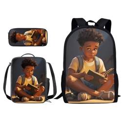 Poceacles Rucksack 3er Set Büchertasche mit Lunchbox Federmäppchen Schulrucksack für Grundschule Grundschule Büchertasche, Afrikanischer Junge, Einheitsgröße von Poceacles