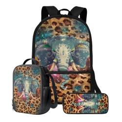 Poceacles Rucksack für Schule Jungen mit Lunchtasche, Federmäppchen, Büchertasche für Mädchen im Alter von 14–16 Jahren, Schultasche mit verstellbaren Trägern, Elefant Leopard, Einheitsgröße von Poceacles