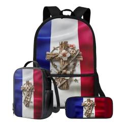 Poceacles Rucksack für Schule Jungen mit Lunchtasche, Federmäppchen, Büchertasche für Mädchen im Alter von 14–16 Jahren, Schultasche mit verstellbaren Trägern, Frankreich-Flaggenkreuz, Einheitsgröße von Poceacles