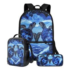 Poceacles Rucksack für Schule Jungen mit Lunchtasche, Federmäppchen, Büchertasche für Mädchen im Alter von 14–16 Jahren, Schultasche mit verstellbaren Trägern, Meeresschildkröte, Einheitsgröße von Poceacles