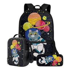 Poceacles Rucksack für Schule Jungen mit Lunchtasche, Federmäppchen, Büchertasche für Mädchen im Alter von 14–16 Jahren, Schultasche mit verstellbaren Trägern, Space Cat, Einheitsgröße von Poceacles