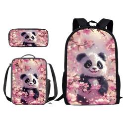 Poceacles Rucksack mit Lunchbox für Mädchen und Jungen, Schulrucksack für Kinder, 3-teilig, Büchertasche mit Federmäppchen für die High School, Panda, Einheitsgröße von Poceacles