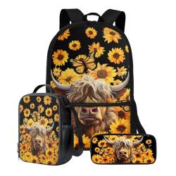 Poceacles Rucksack und Lunch-Tasche für Jungen, Mittelschule, Grundschul-Büchertaschen, 3-teilig, Schultasche mit Lunchtasche, Federmäppchen, Highland Cattle Sunflower, Einheitsgröße von Poceacles