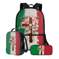 Poceacles Rucksack und Lunch-Tasche für Jungen, Mittelschule, Grundschul-Büchertaschen, 3-teilig, Schultasche mit Lunchtasche, Federmäppchen, Italienisches Flaggenkreuz, Einheitsgröße von Poceacles