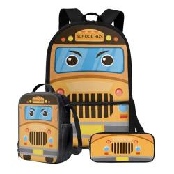 Poceacles Rucksack und Lunch-Tasche für Jungen, Mittelschule, Grundschul-Büchertaschen, 3-teilig, Schultasche mit Lunchtasche, Federmäppchen, Schulbus, Einheitsgröße von Poceacles
