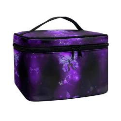 Poceacles Tragbare Make-up-Tasche mit großem Fassungsvermögen, Reise-Kosmetiktasche für Damen und Mädchen, Make-up-Pinsel-Etui, Kulturbeutel mit Reißverschluss, violettfarbener schmetterling, von Poceacles