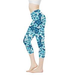 Poceacles Yogahose für Damen, hohe Taille, 3/4-Länge, Workout, Laufen, Stretch, Fitnessstudio, Bauchkontrolle, Hibiskusblau, XS von Poceacles