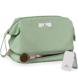 Pocmimut Make-up-Tasche, Kosmetiktasche für Damen, 2-in-1, tragbar, Kordelzug, Reise-Make-up-Tasche für Mädchen, groß, doppellagig, Make-up-Pinselbeutel, wiederverwendbare Kulturbeutel, grün, L, Nylon von Pocmimut