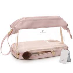 Pocmimut Transparente Make-up-Taschen – große doppellagige Make-up-Tasche Reise-Kosmetiktaschen für Frauen, PU-Leder, wasserdichter Kulturbeutel, Make-up-Organizer mit Pinselhalter und Spiegel, Pink, von Pocmimut