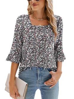 Poetsky Lässiges Damen-Top, 3/4-Ärmel, Sommer, quadratischer Ausschnitt, Rüschen, lockere Passform, Tunika-Blusen, Schwarz, floral, Groß von Poetsky