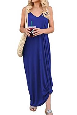 Poetsky Strandkleid für Damen, lässig, mit V-Ausschnitt, ärmellos, fließende Taschen, locker, lang, Maxikleid, Strandkleid - Blau - X-Groß von Poetsky