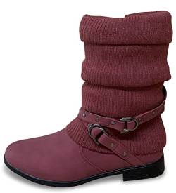 Pogolino Damen Stiefeletten Strick flach Stiefel gefüttert Boots, ST2912 Rot 39 von Pogolino