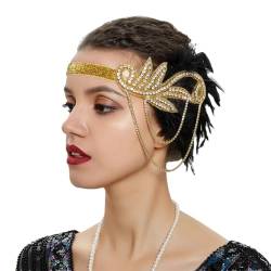 1920er Jahre Feder Haarband Frauen Vintage Kopfschmuck Flapper Stirnband Kopfschmuck Haar Zubehör, Goldfarben und Schwarz, Einheitsgröße von Pohullan