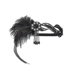 1920er Jahre Flapper Feder Stirnband Perlen Showgirl Kopfschmuck Pfauenfeder Elastisches Haarband schwarz von Pohullan