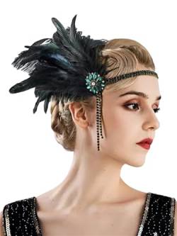1920er Jahre Frauen Flapper Feder Kristall Stirnband Kopfschmuck Vintage Party Kostüm Haarschmuck, Schwarz, Einheitsgröße von Pohullan