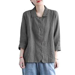 Damen Langarm Freizeithemden Vintage Stil Umlegekragen Baumwolle Tops, grau, XXL von Pohullan