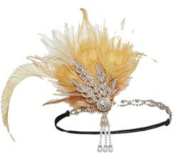 Pfauenfeder Stirnband 1920er Jahre Kopfschmuck mit Strass Quaste Vintage Party Haarschmuck, Goldfarben, Einheitsgröße von Pohullan