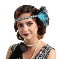 Pohullan 1920S Flapper Stirnbänder Strass Kopfschmuck Mit Pfau Feder Juwel Haar Zubehör, Blau, Einheitsgröße von Pohullan