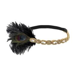 Pohullan 1920S Flapper Stirnbänder Strass Kopfschmuck Mit Pfau Feder Juwel Haar Zubehör, Goldfarben und Schwarz, Einheitsgröße von Pohullan