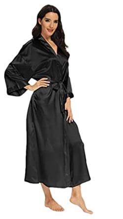 Pohullan Bademantel für Damen, seidiger Satin, lang, Brautjungfer, Kimono, Bademantel, große Größe, Schwarz , 48 von Pohullan