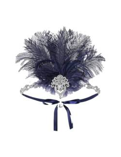 Pohullan Damen Feder Kristall Stirnband Feder Kopfschmuck 1920S Flapper Kopfschmuck Zubehör, Marineblau, Einheitsgröße von Pohullan