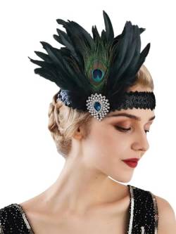 Pohullan Frauen Flapper Stirnband 1920S Kopfschmuck Strass Feder Haarband Kopfschmuck Zubehör, Schwarz, Einheitsgröße von Pohullan