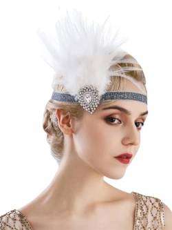 Pohullan Frauen Flapper Stirnband 1920S Kopfschmuck Strass Feder Haarband Kopfschmuck Zubehör, Weiss/opulenter Garten, Einheitsgröße von Pohullan