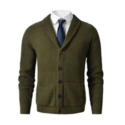 Pohullan Herren Schalkragen Cardigan Pullover Slim Fit Zopfstrick Button Up Merino Wolle Pullover, olivgrün, 6X-Large von Pohullan