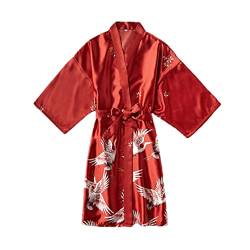 Pohullan Satin-Bademantel für Damen, seidiger Kimono, Braut-Morgenmantel, Nachtwäsche, bedruckte Strickjacke für Zuhause, wein, 48 von Pohullan