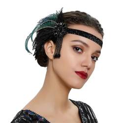 Vintage 1920er Braut Tiara Abschlussball Party Haarschmuck Strass Perlen Fransen Feder Stirnband, EN8, Einheitsgröße von Pohullan