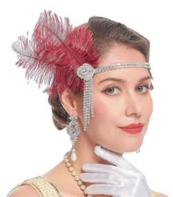 Vintage Haarband 1920er Jahre Feder Stirnband Cocktail Party Strass Kopfschmuck Frauen Kopfschmuck, Weinrot, Einheitsgröße von Pohullan