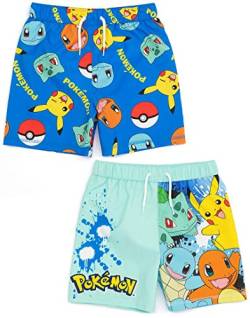 Pokemon Badeshorts 2 Pack für Jungen | Kinder Kinder Blau Squirtle Pikachu Charmander Bulbasaur Badehose Trunks | Gamer Bademode Geschenke von Pokémon