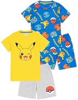 Pokemon Boys 2er-Pack Pyjamas | Kinder Gelb Pikachu Blau Bulbasaur Charmander Squirtle Charaktere T-Shirts Shorts Set | Spiel Nachtwäsche Merchandise von Pokémon