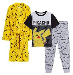 Pokemon Jungen Schlafanzug + Bademantel Kinder Pikachu passendes Nachtwäsche-Set Pjs + Morgenmantel, mehrfarbig, gelb, 9-10 Jahre von Pokémon