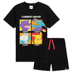 Pokemon Schlafanzug Jungen, Sommer Pyjama Set mit T-Shirt und Schlafhose Shorts (Schwarz, 7-8 Jahre) von Pokémon