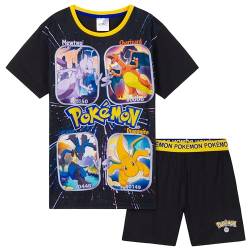 Pokemon Schlafanzug Jungen, Sommer Pyjama Set mit T-Shirt und Schlafhose Shorts (Schwarz/Gelb, 7-8 Jahre) von Pokémon