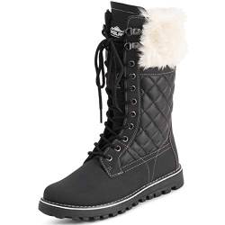 Polar Damen Kunstpelz Warm Thermal Wasserdicht Draussen Gehen Schnee Winter Gummisohle Wadenstiefel - Schwarz/Beige - UK10/EU43 - YC0605 von Polar