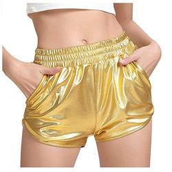 Polly Online Leder Shorts für Damen Leder Shorts Damen High Waist Hoch Taillierte Kunstleder Shorts Damen Taschen Shorts (Gold XXL) von Polly Online