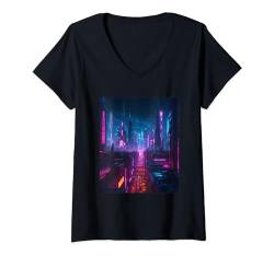 Damen Cyberpunk City Aesthetic Futuristisch Grafik Design Print T-Shirt mit V-Ausschnitt von Polymerched Cyberpunk