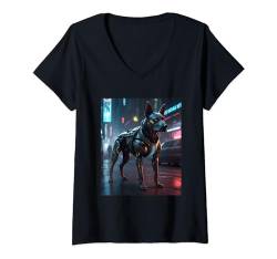Damen Cyberpunk Hund Aesthetic Futuristisch Grafik Design Print T-Shirt mit V-Ausschnitt von Polymerched Cyberpunk