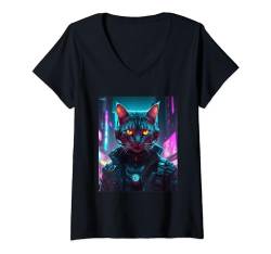 Damen Cyberpunk Katze Aesthetic Futuristisch Grafik Design Print T-Shirt mit V-Ausschnitt von Polymerched Cyberpunk