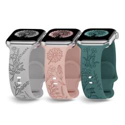 Armbänder mit Blumengravur, kompatibel mit Apple Watch, 38 mm, 40 mm, 41 mm, 42 mm, 44 mm, 45 mm, 49 mm, niedliches weiches Silikon-Sportarmband, Löwenzahn-Lavendel, für iWatch Serie von Pombe Crgerm