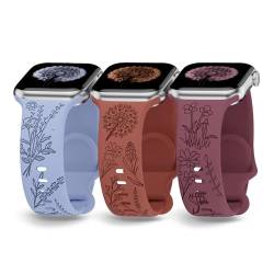 Armbänder mit Blumengravur, kompatibel mit Apple Watch, 38 mm, 40 mm, 41 mm, 42 mm, 44 mm, 45 mm, 49 mm, niedliches weiches Silikon-Sportarmband, Löwenzahn-Lavendel, für iWatch Serie von Pombe Crgerm